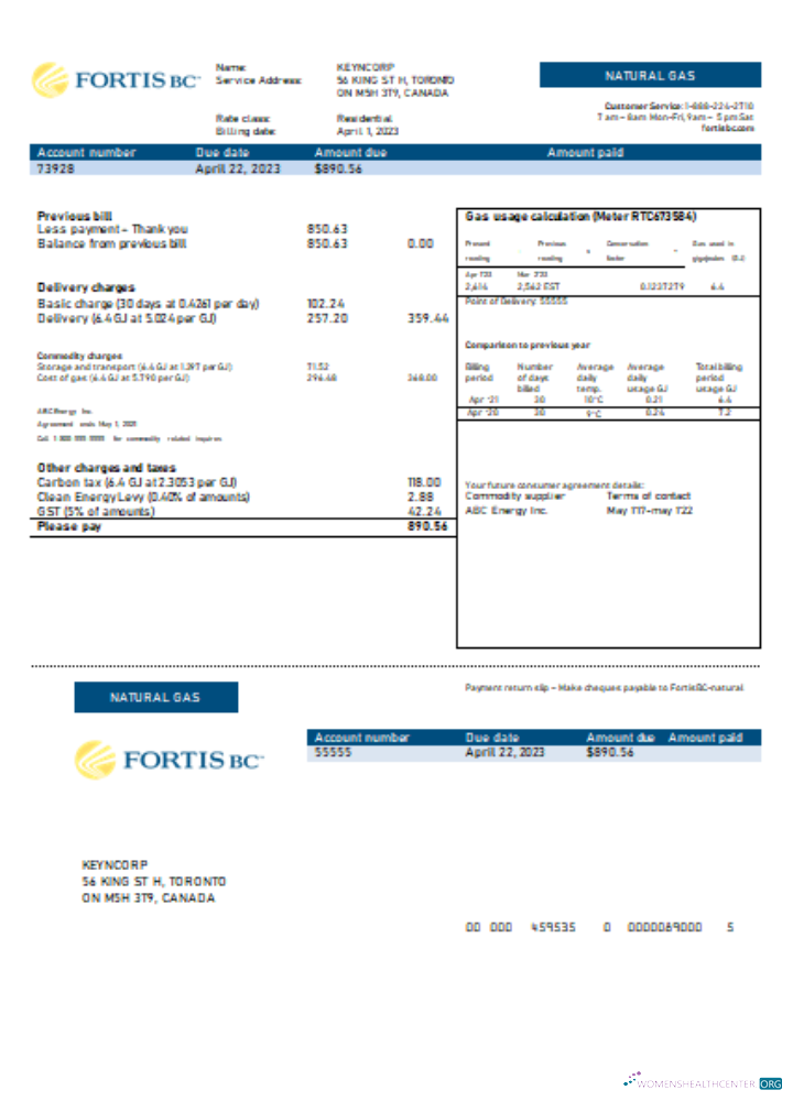 Download British Columbia FortisBC utility business bill, SCR Photoshop template